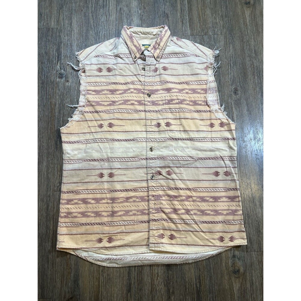 Cabela's Deerskin Chamois Cut-Off Shirt L Aztec Print Soft Cotton Outdoors